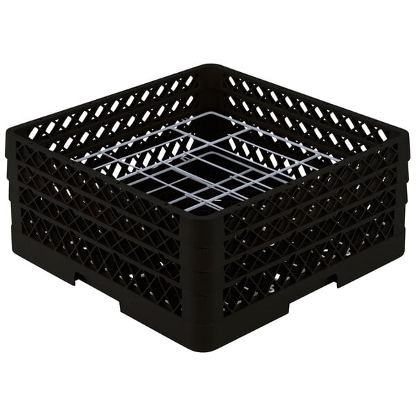 A black plastic basket with silver wire racks.