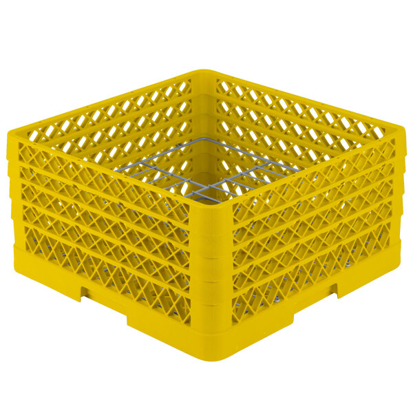 A yellow plastic Vollrath Traex Plate Crate with metal rods.