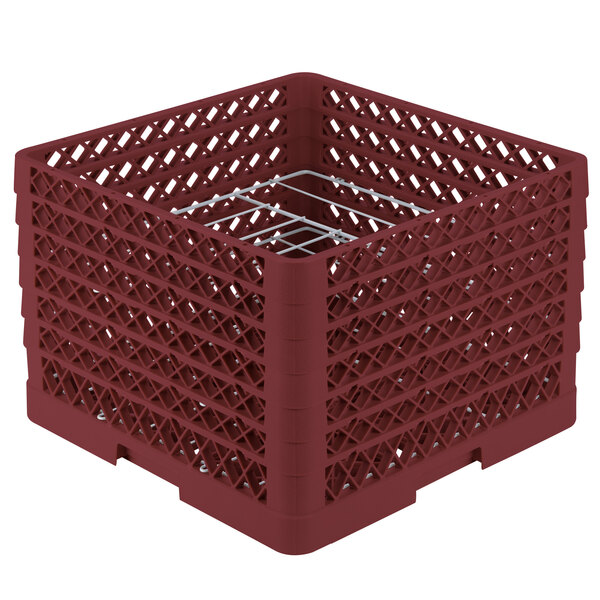 A burgundy plastic Vollrath Plate Crate with metal rods for 9 plates.