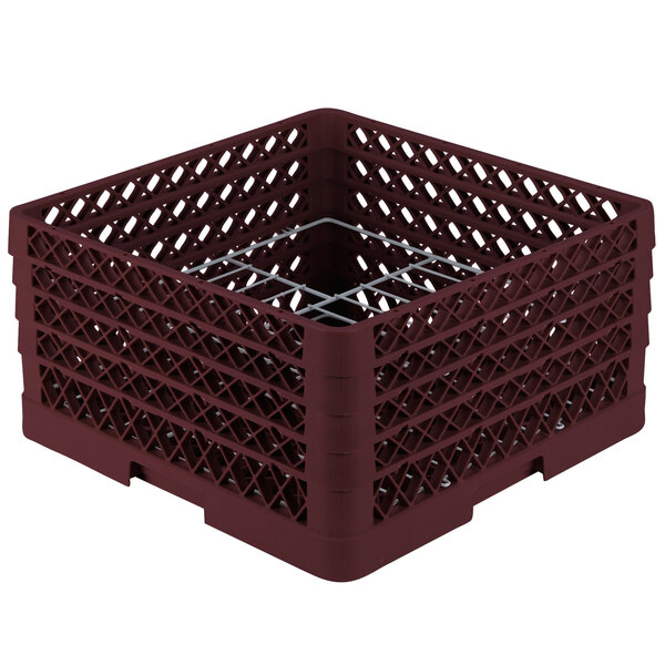A burgundy plastic Vollrath Plate Crate with metal wire racks.