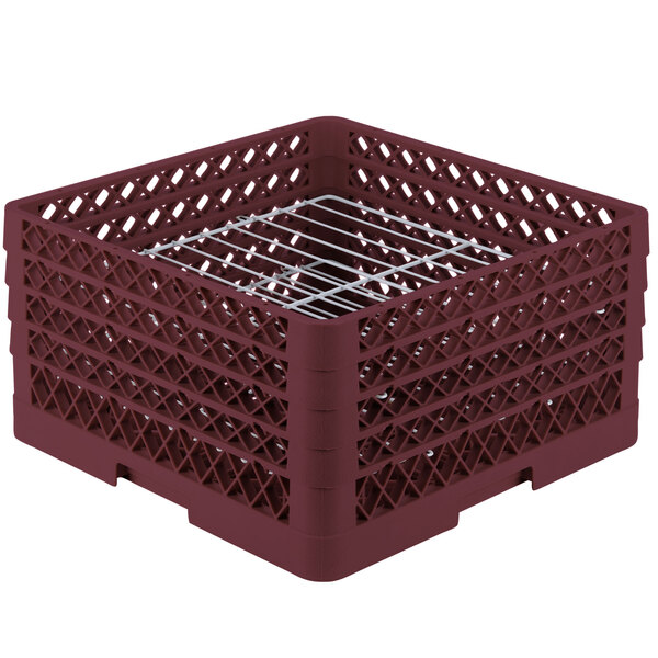 A burgundy Vollrath Traex Plate Crate with wire compartments.