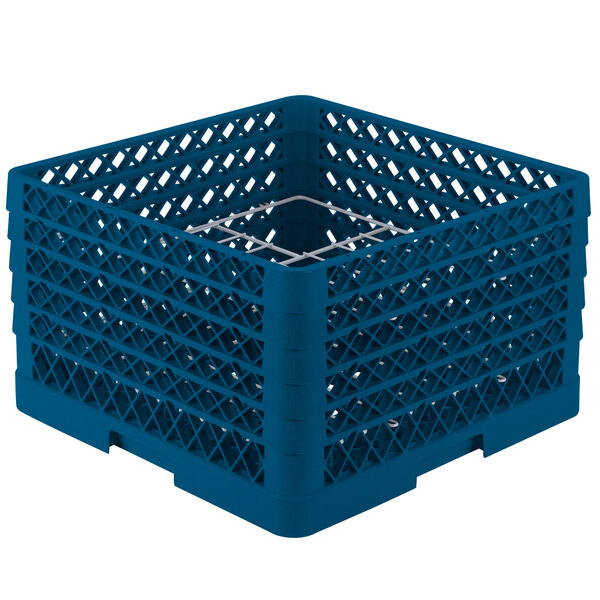 A royal blue plastic Vollrath Plate Crate with 12 compartments.