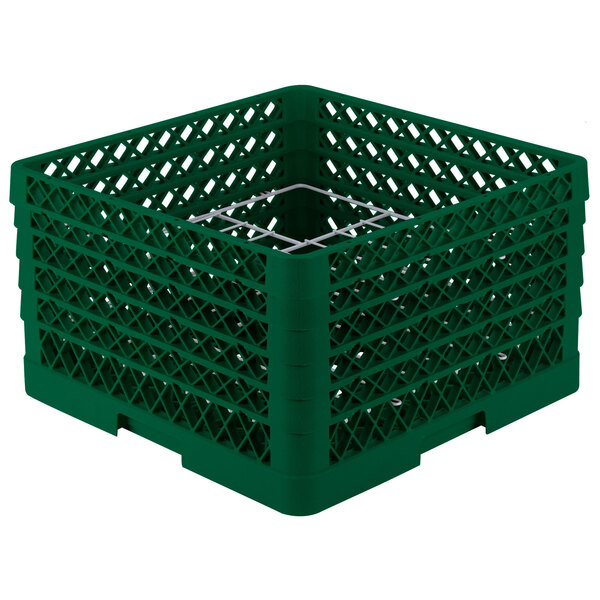 A green Vollrath Traex Plate Crate with silver metal rods.