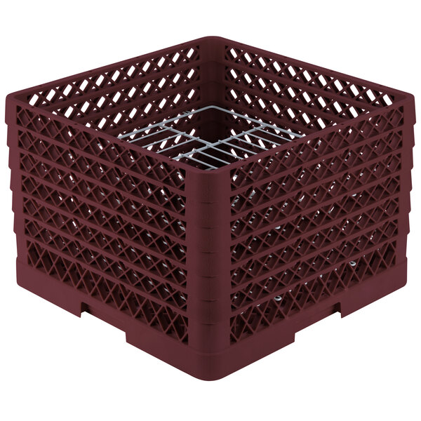A burgundy Vollrath Traex Plate Crate with a metal grate.