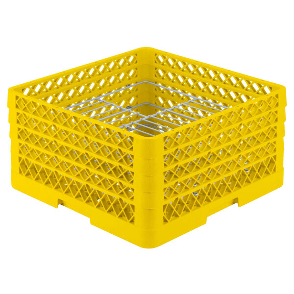 A yellow plastic Vollrath Traex Plate Crate with metal wire racks.