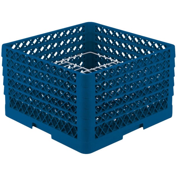 A blue plastic Vollrath Traex plate rack with white dividers.
