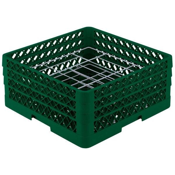A green plastic Vollrath Traex Plate Crate with silver metal racks.
