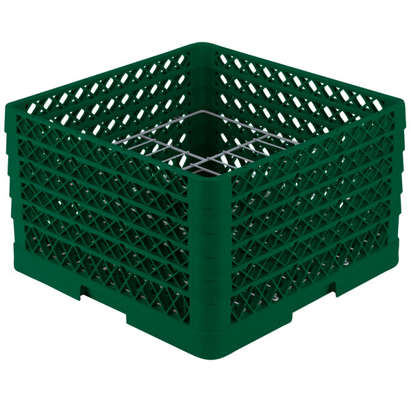 A green plastic Vollrath Traex plate rack with metal rods.