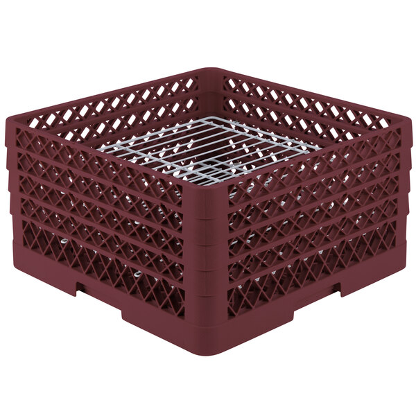 A burgundy plastic Vollrath Traex plate rack with metal grates.