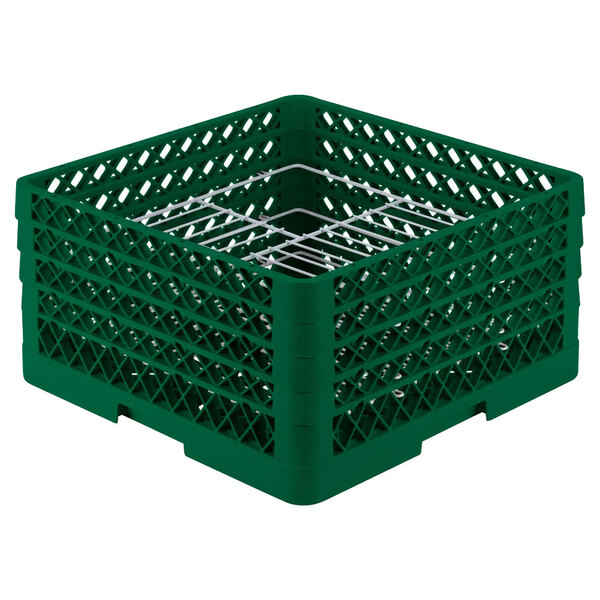 A green plastic Vollrath Traex Plate Crate for 21 plates with a metal grate.