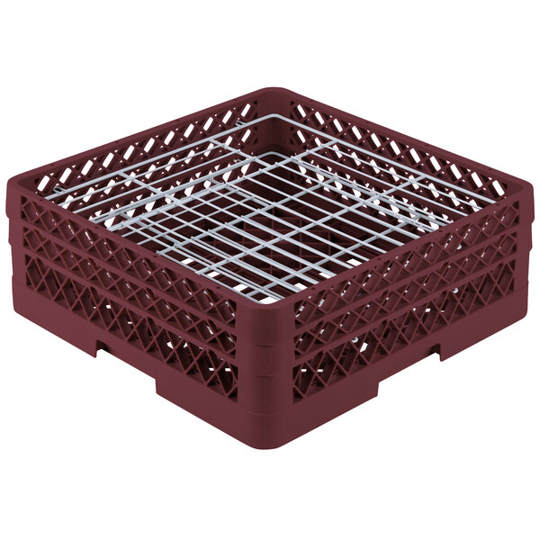 A burgundy Vollrath Traex Plate Crate with metal dividers.
