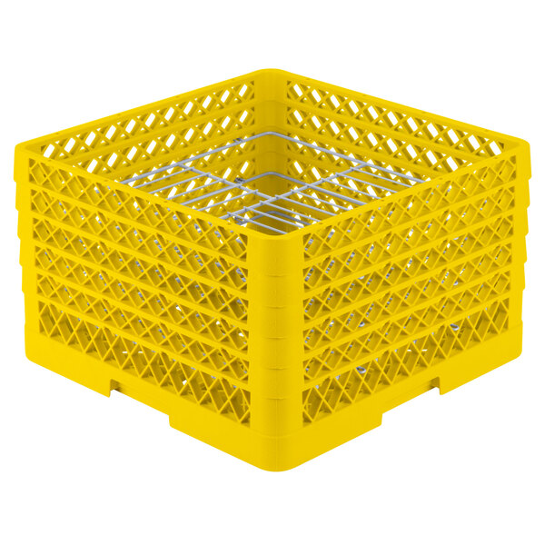 A yellow plastic basket with metal wire racks.