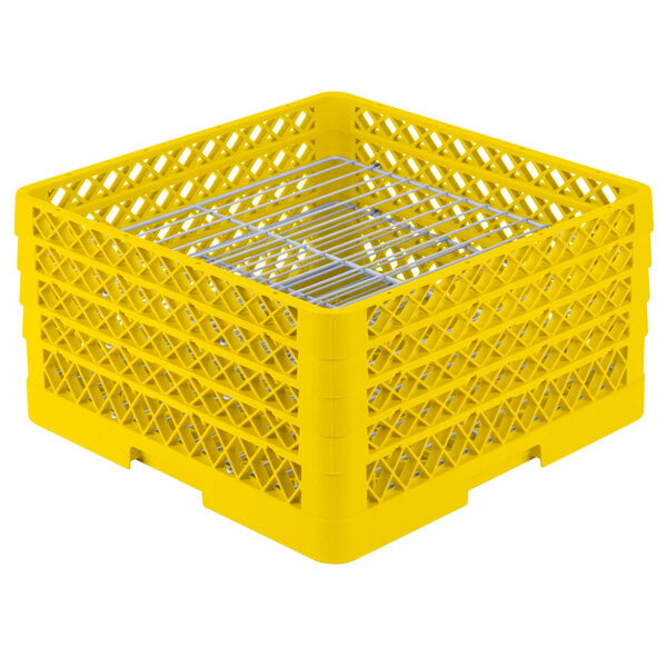 A yellow plastic basket with metal grate dividers.