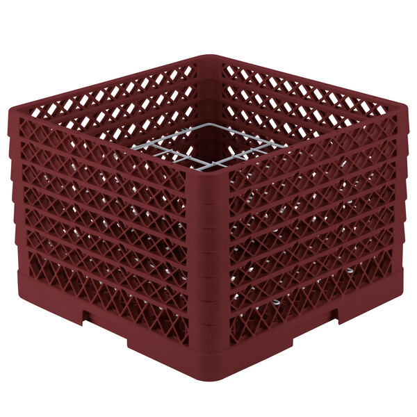 A burgundy plastic crate with metal dividers.