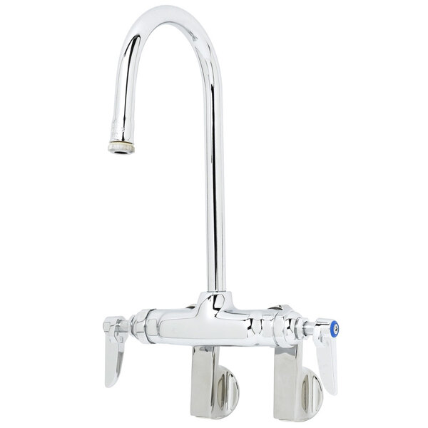 A T&S chrome wall mount pantry faucet with gooseneck and two handles.