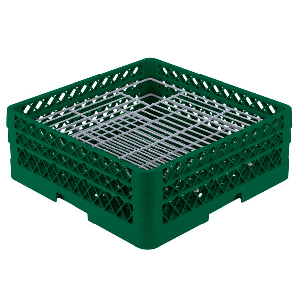 A green plastic Vollrath Traex plate rack with metal grates.