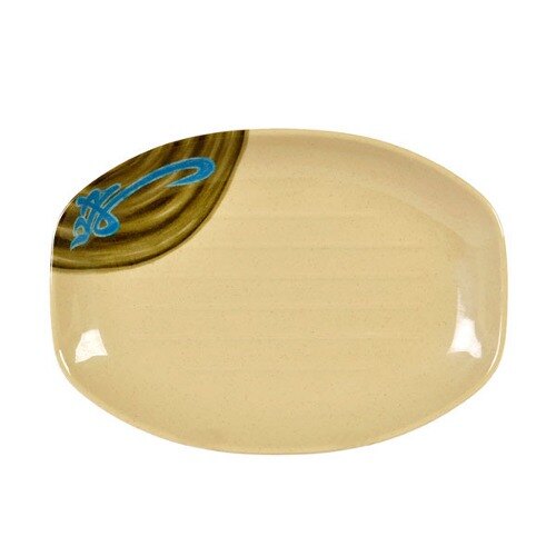 A beige oval melamine tray with a blue and green design on it.