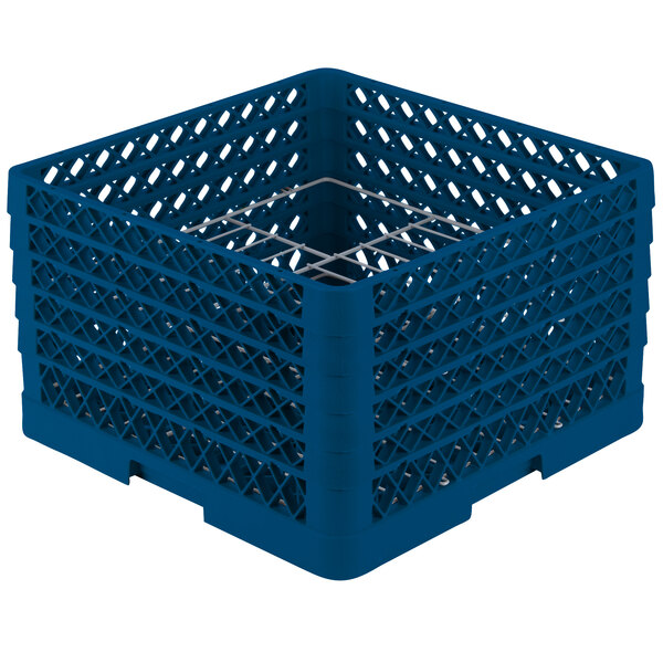 A royal blue plastic rack with metal rods for 15 plates.
