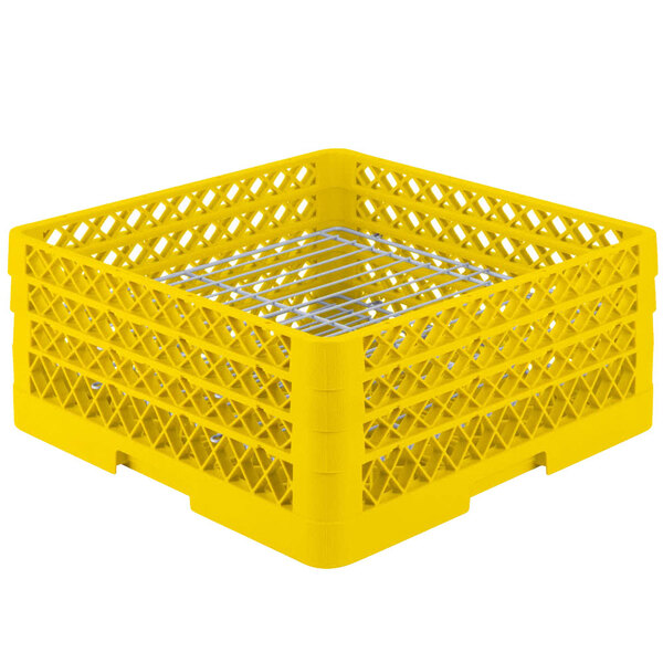 A yellow plastic Vollrath Plate Crate with white metal rods.