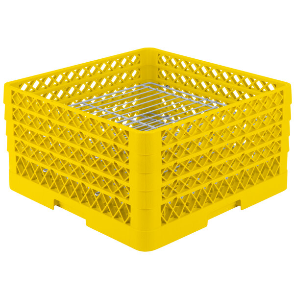 A yellow plastic Vollrath Traex Plate Crate with metal wire racks.