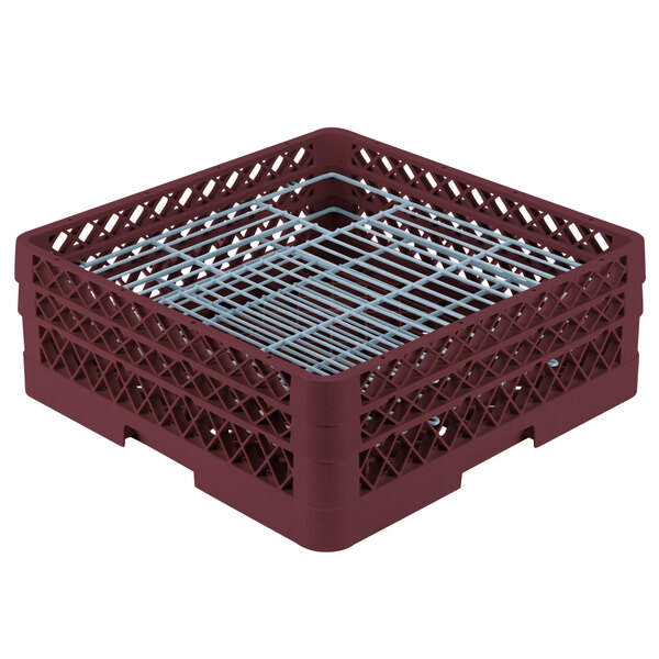 A burgundy plastic Vollrath Plate Crate with white metal dividers.