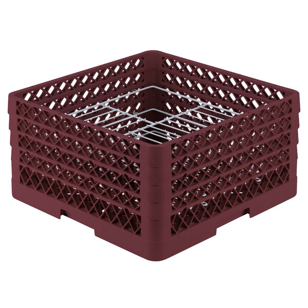 A burgundy Vollrath Traex Plate Crate rack with 21 compartments.