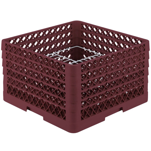 A burgundy plastic Vollrath Traex Plate Crate with metal rods and 20 compartments.