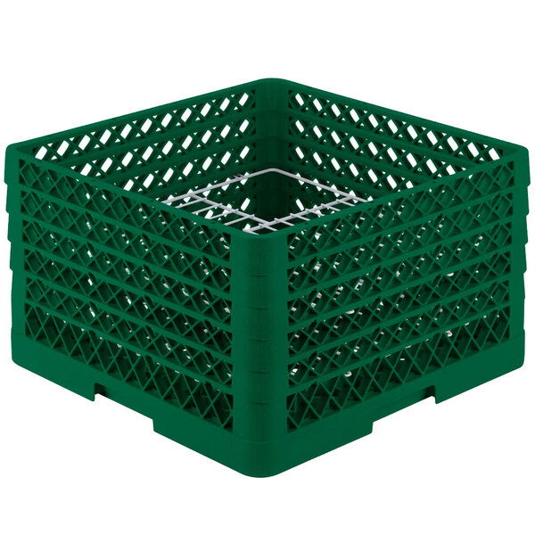 A green plastic basket with holes in it.