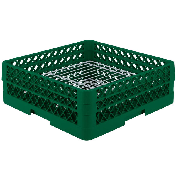 A green plastic Vollrath Traex Plate Crate with wire holders.
