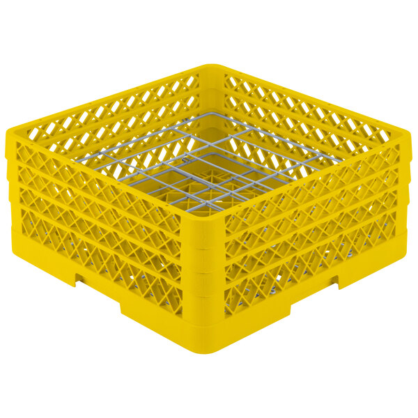 A yellow plastic Vollrath Plate Crate with metal wire mesh.