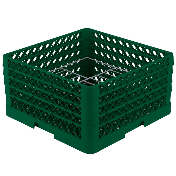 A green plastic Vollrath Traex Plate Crate with silver metal rods.