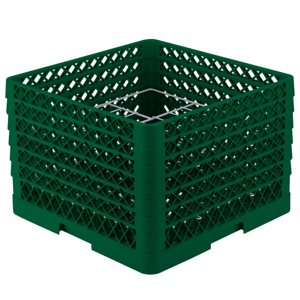 A green plastic Vollrath Traex plate rack with silver metal rods.