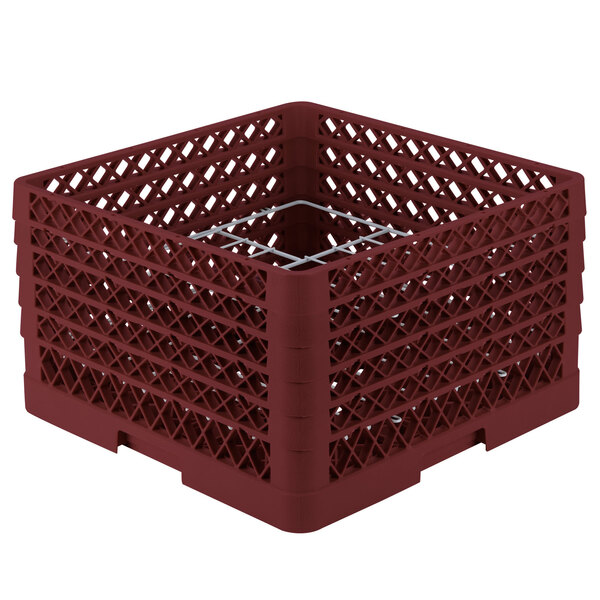 A burgundy plastic Vollrath Plate Crate with silver metal rods.