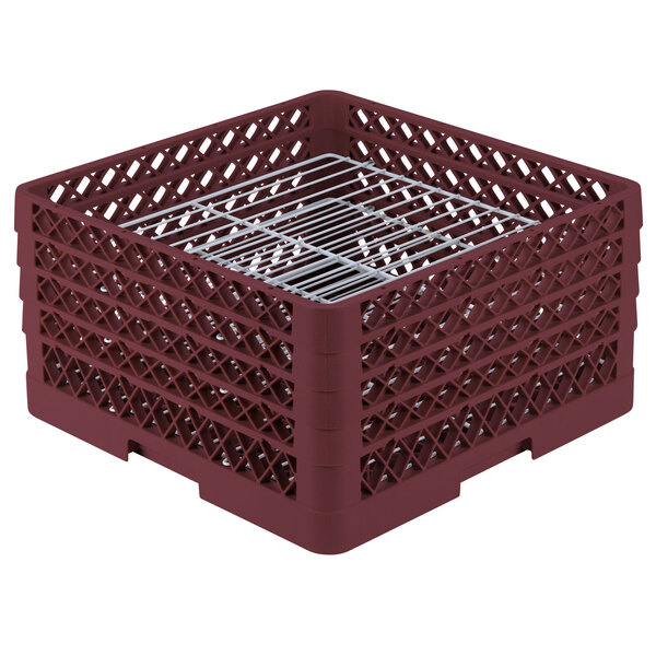 A burgundy plastic Vollrath Plate Crate with metal racks inside.