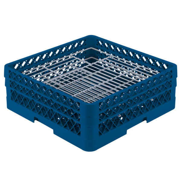 A blue plastic Vollrath Traex Plate Crate with metal wire racks.
