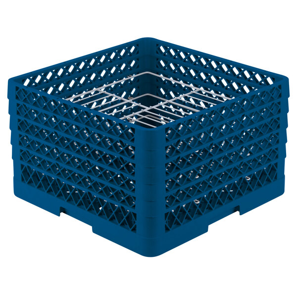 A blue plastic Vollrath Traex Plate Crate with metal rods.