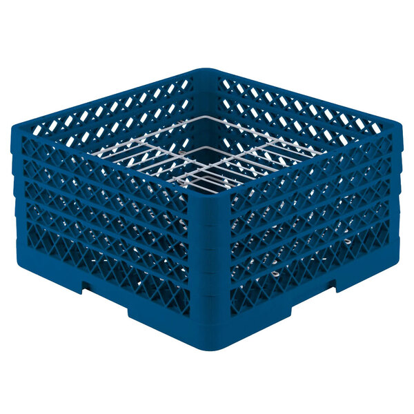 A blue plastic Vollrath Plate Crate with 21 compartments for dishes.