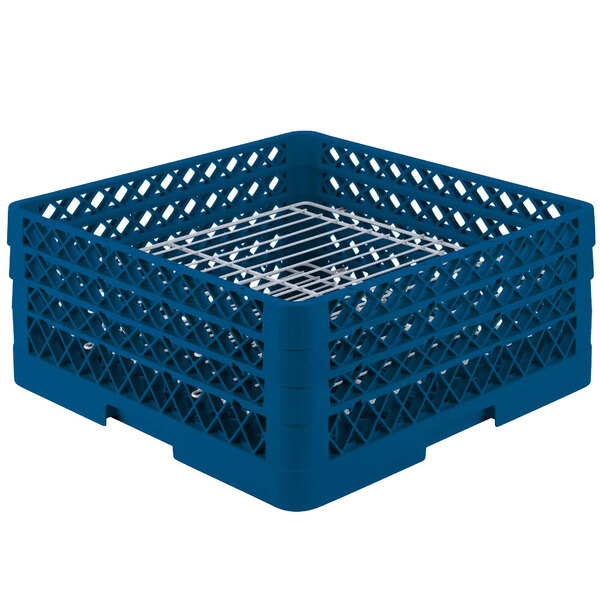 A blue plastic Vollrath Traex Plate Crate with metal dividers.