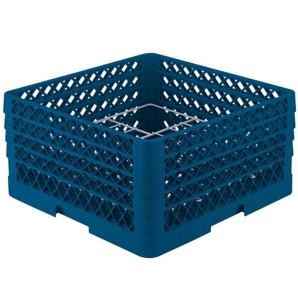 A blue plastic Vollrath Traex plate rack with 12 compartments.