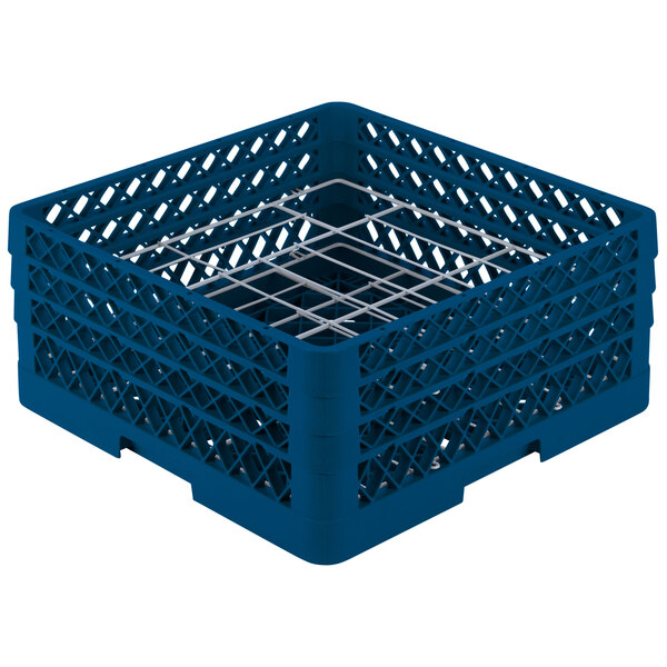 A blue plastic Vollrath Traex Plate Crate with white metal rods.