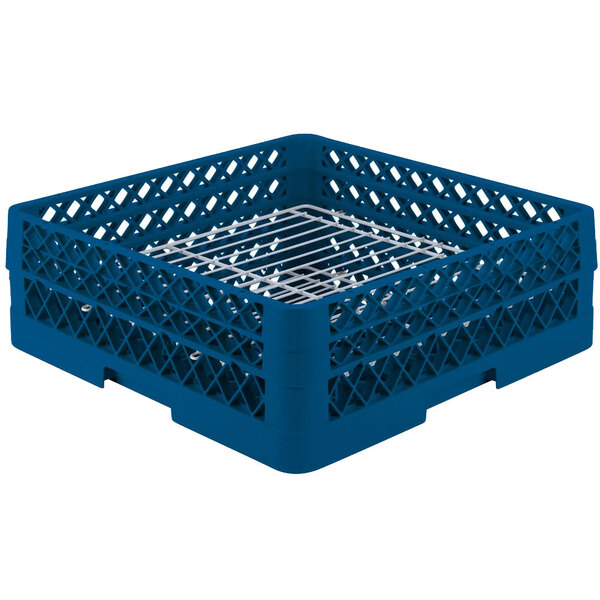 A royal blue plastic rack with a metal grate with holes in it.