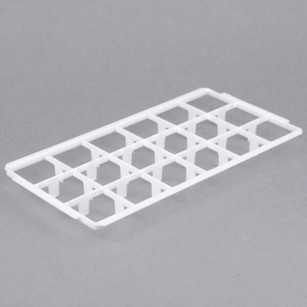 A white plastic grid tray for Vollrath glass racks with 18 compartments.