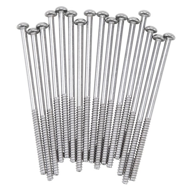 A group of 16 stainless steel screws for Vollrath tall glass racks.