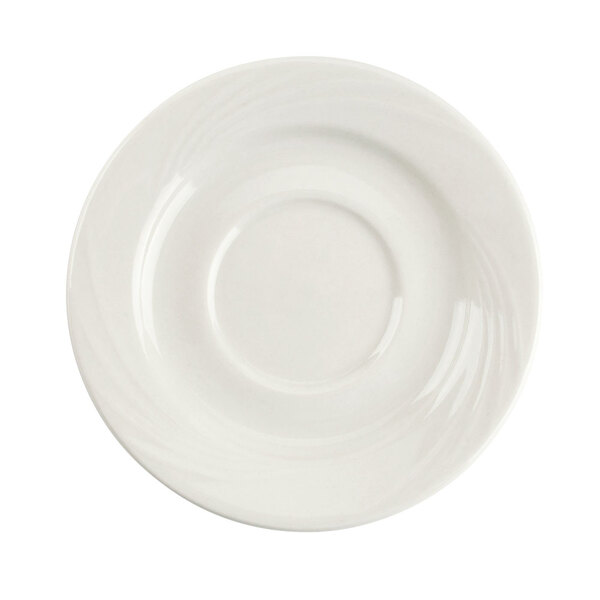 A close-up of a CAC Garden State bone white porcelain saucer with a swirl pattern.