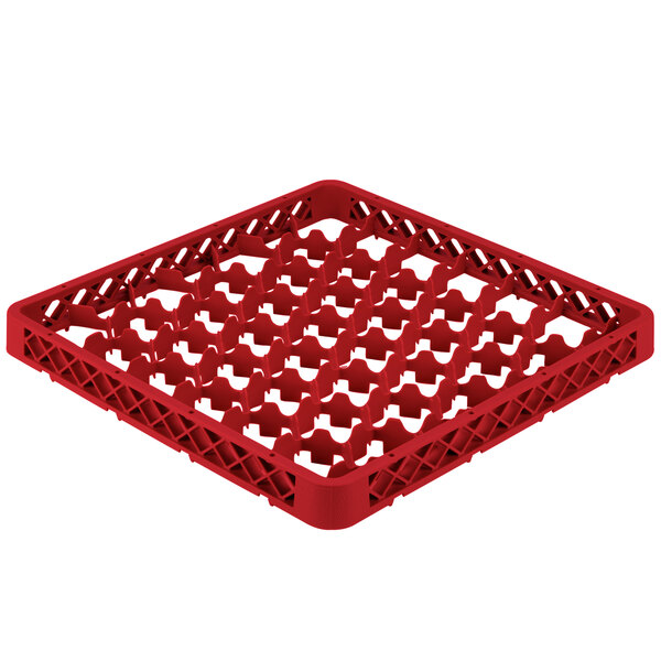 A Vollrath Traex red plastic glass rack extender with holes in the middle.