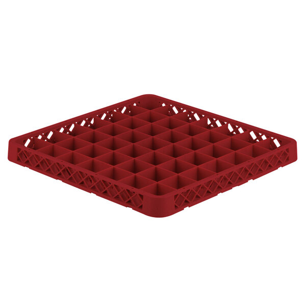 A red plastic tray with a grid pattern and 49 compartments.
