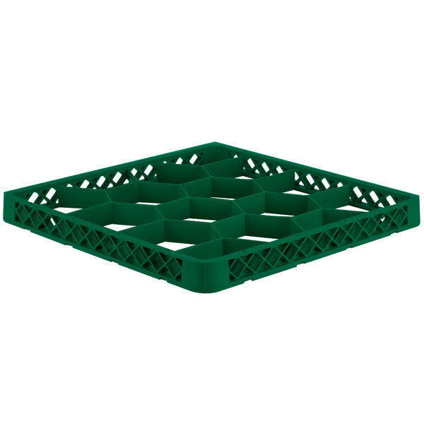 A green plastic container with holes for glasses.