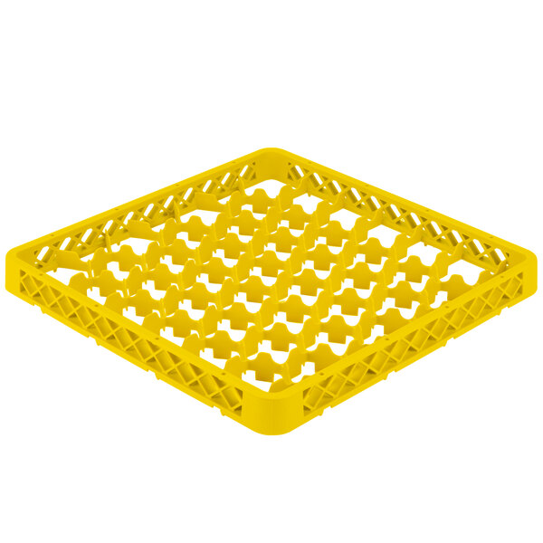 A yellow plastic Vollrath Traex glass rack extender with many compartments.