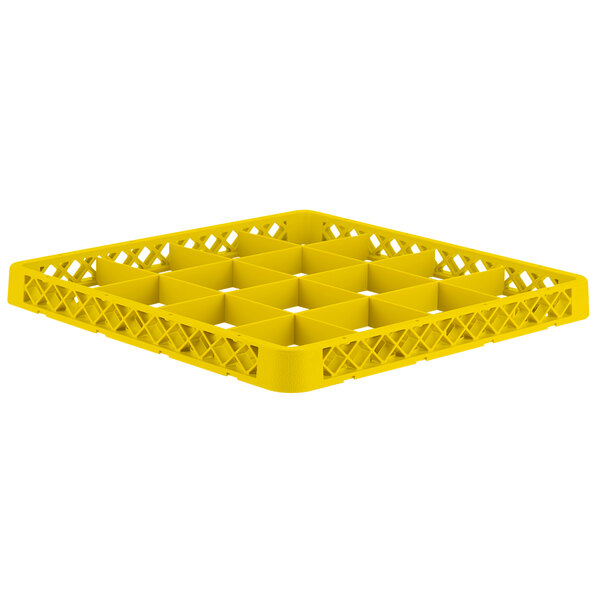 A yellow plastic Vollrath Traex glass rack extender with compartments.