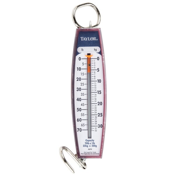A Taylor hanging spring scale with a thermometer on a white background.